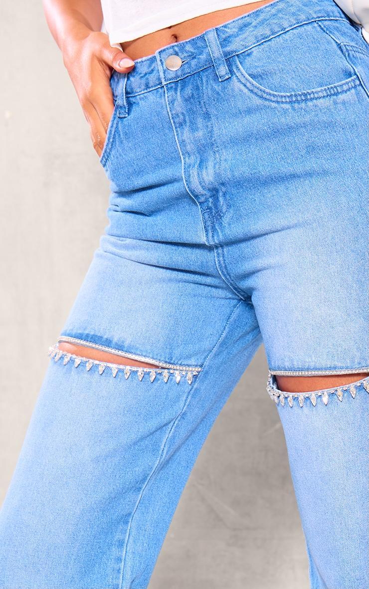 Tall Mid Blue Wash Diamante Cut Out Detail Mid Rise Straight Leg Jeans Product Image