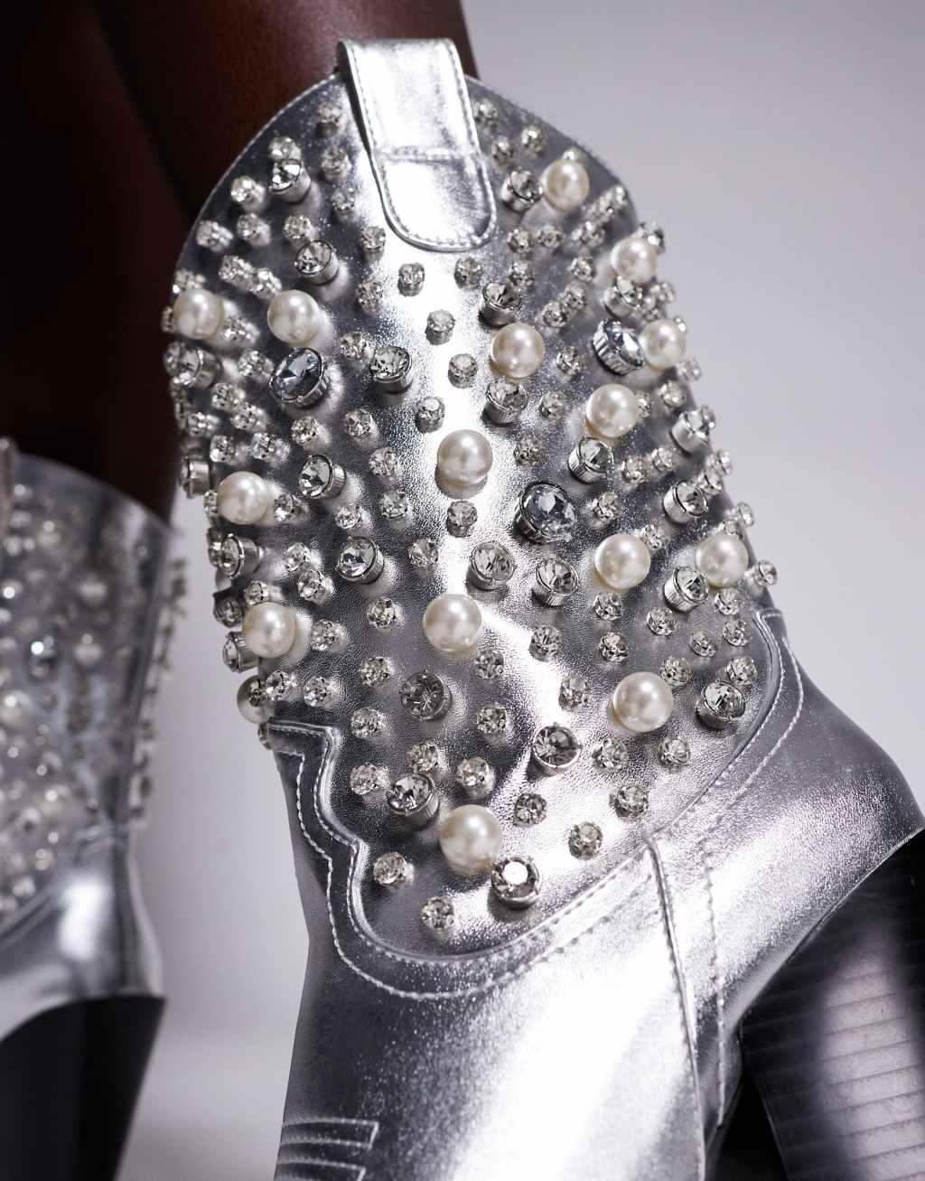 Azalea Wang Dylan embellished western boots in silver Product Image