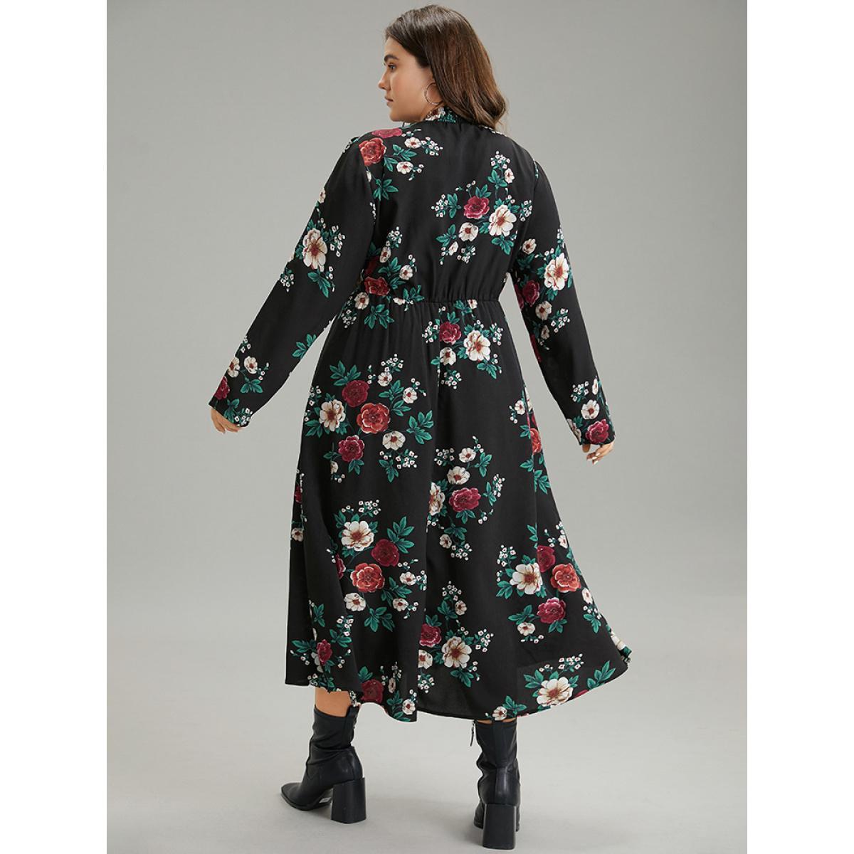 Plus Size Floral Print Shirred Mock Neck Dress Black Women Elegant Printed Mock Neck Long Sleeve Curvy Midi Dress BloomChic 22-24/3X Product Image