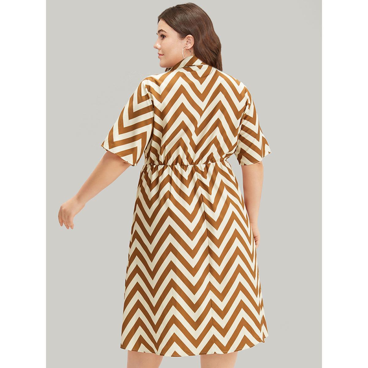 Plus Size Geometric Print Shirt Collar Button Through Dress Bronze Women Office Printed Shirt collar Short sleeve Curvy Midi Dress BloomChic 18-20/2X Product Image