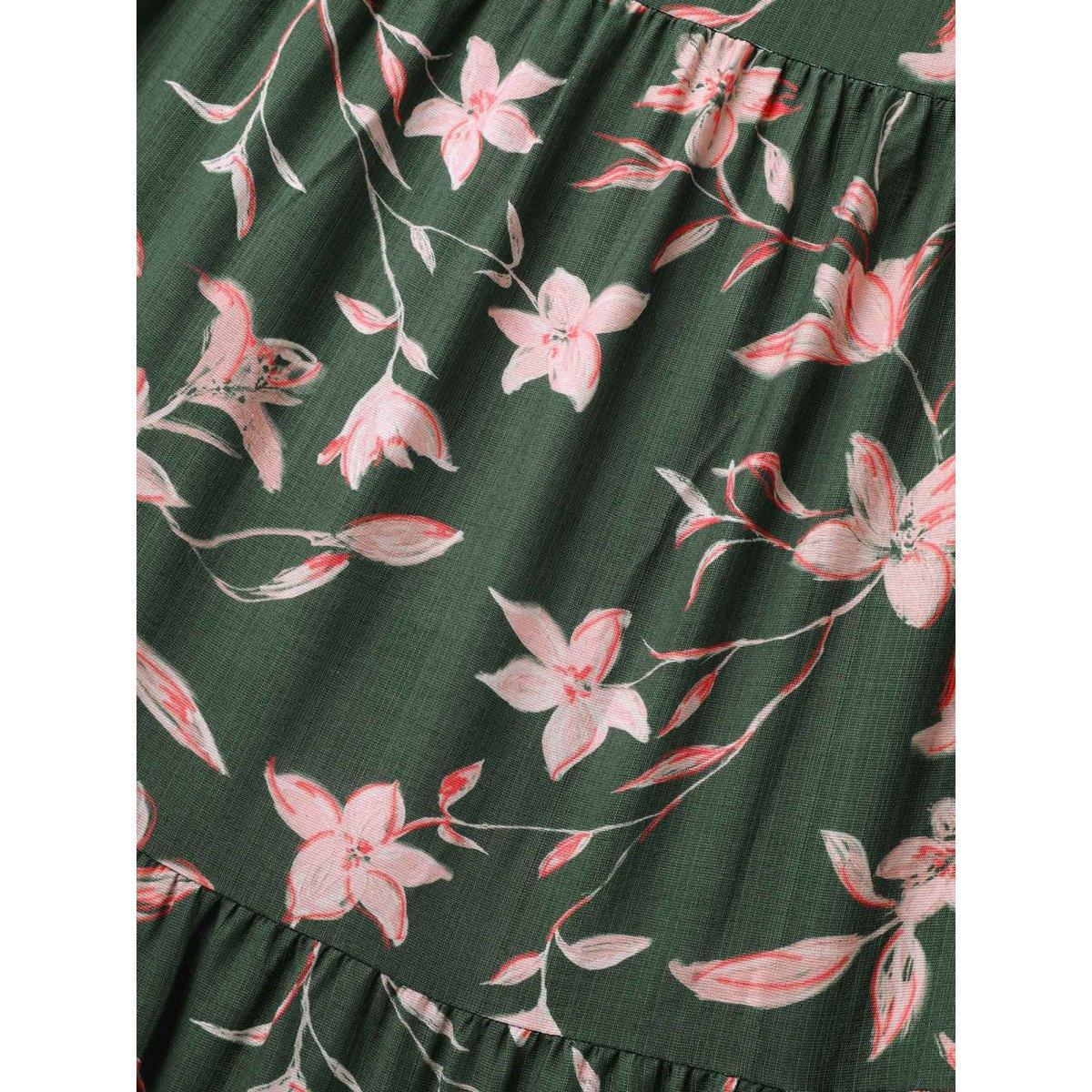 Plus Size Breezy Floral Shirred Waist Midi Dress DarkGreen Women Flat collar with V-notch Short sleeve Curvy BloomChic 12/L Product Image