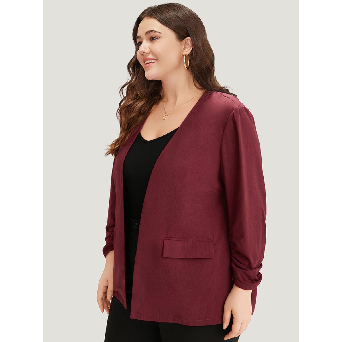 Plus Size Plain Pocket Open Front Gathered Blazer Scarlet Women Work Plain Elastic cuffs Sleeve Long Sleeve Open Front 18-20/2X Pocket Office Blazers BloomChic Product Image