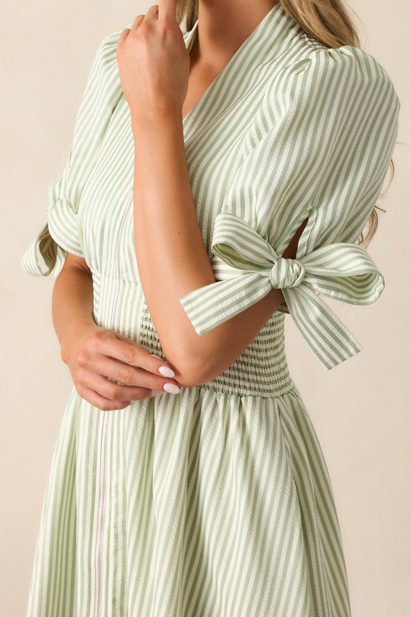 Afternoon Tea Green Stripe Zip Front Midi Dress Product Image