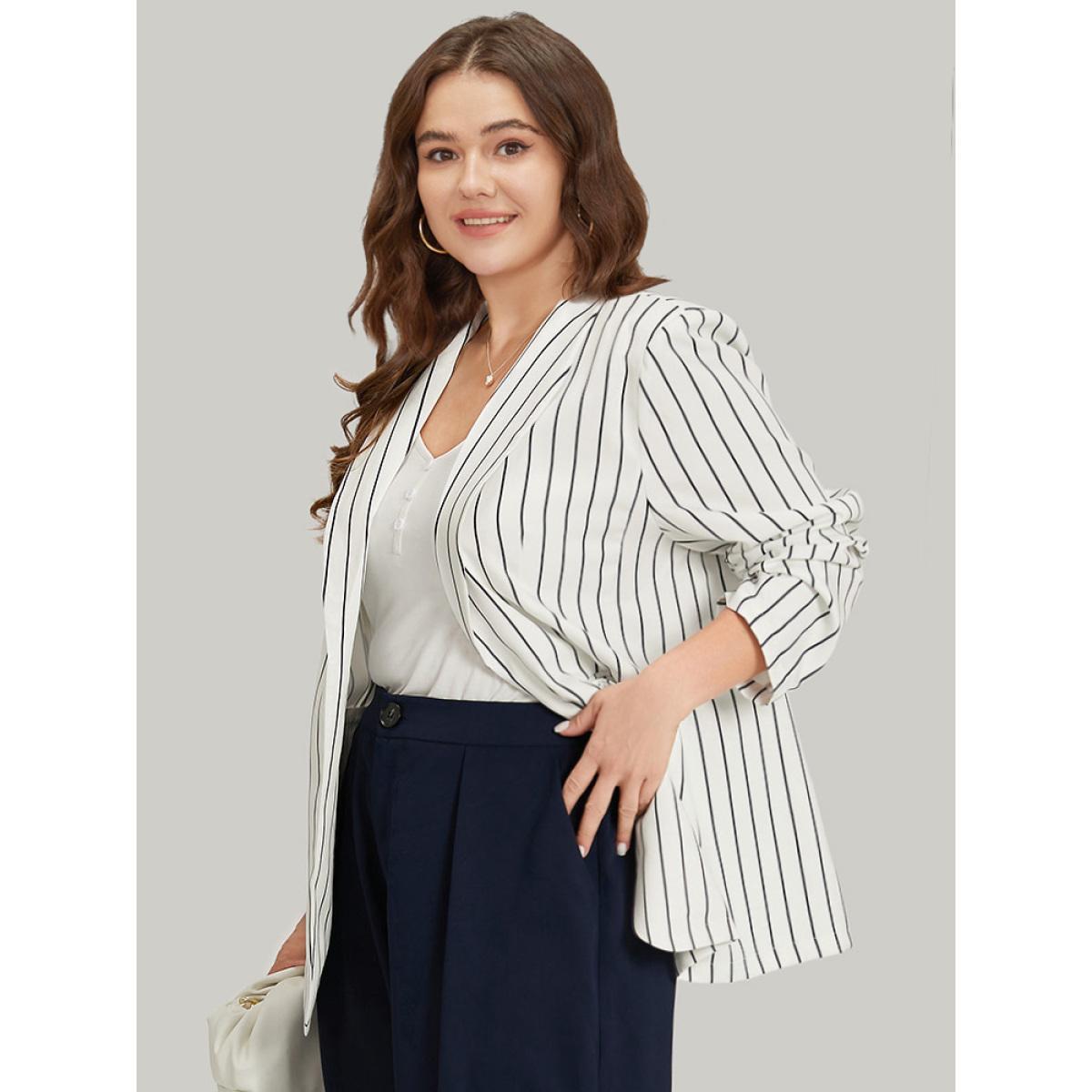 Plus Size Striped Pocket Gathered Lapel Collar Blazer White Women Work Striped Gathered Sleeve Long Sleeve Lapel Collar 10/M Pocket Office Blazers BloomChic Product Image