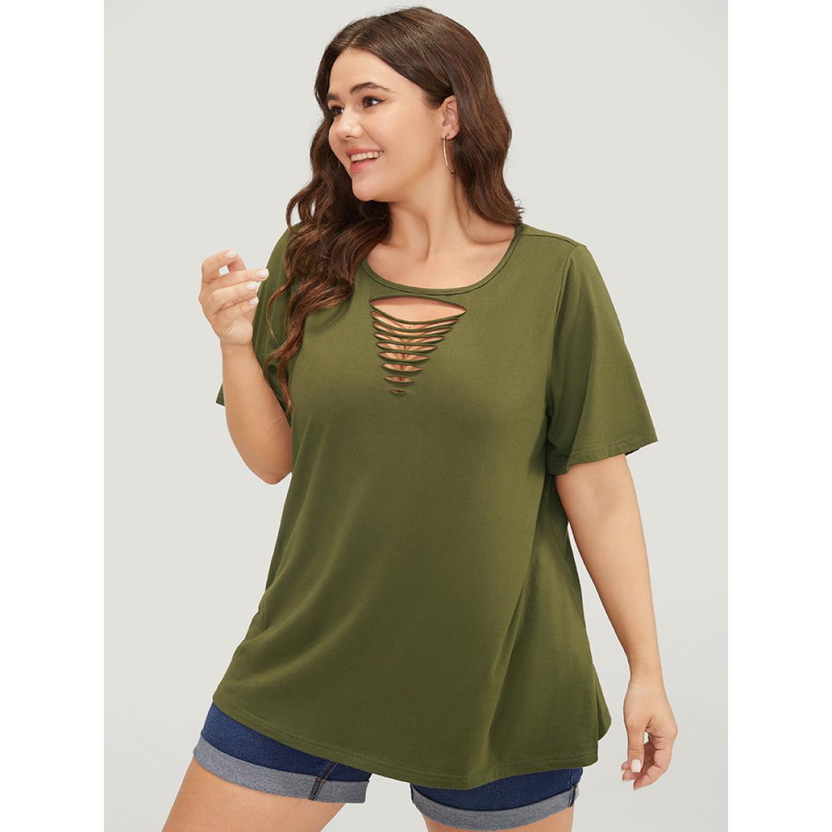 Plus Size Plain Cut Out Short Sleeve T-shirt ArmyGreen Women Casual Cut-Out Plain Round Neck Dailywear T-shirts BloomChic 22-24/3X Product Image