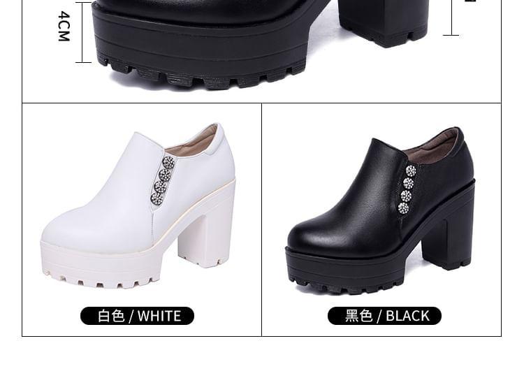 Platform Rhinestone Button Zip Block Heel Pumps Product Image