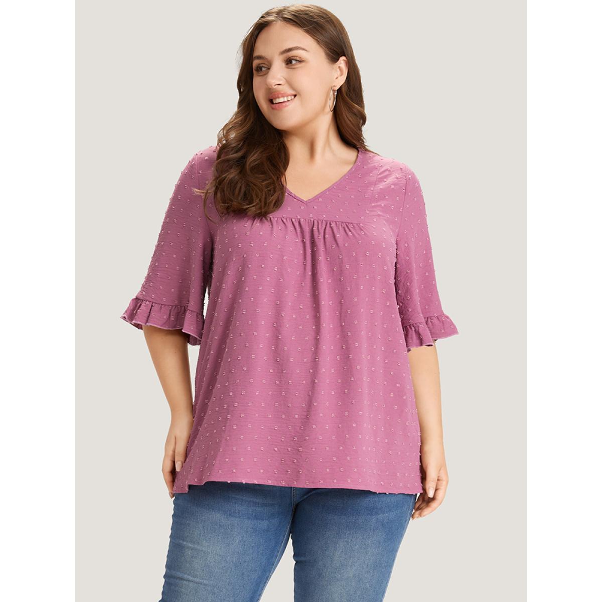 Plus Size Purple Polka Dot Flutter Trim Gathered Blouse Women Elegant Short sleeve V-neck Dailywear Blouses BloomChic 30/6X Product Image
