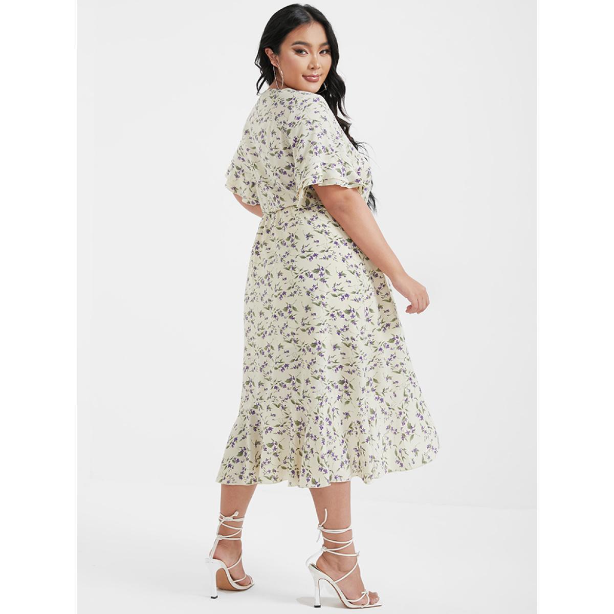 Plus Size Ditsy Floral Arc Hem Ruffled Wrap Dress Apricot Women Elegant Printed V-neck Short sleeve Curvy Midi Dress BloomChic 22-24/3X Product Image