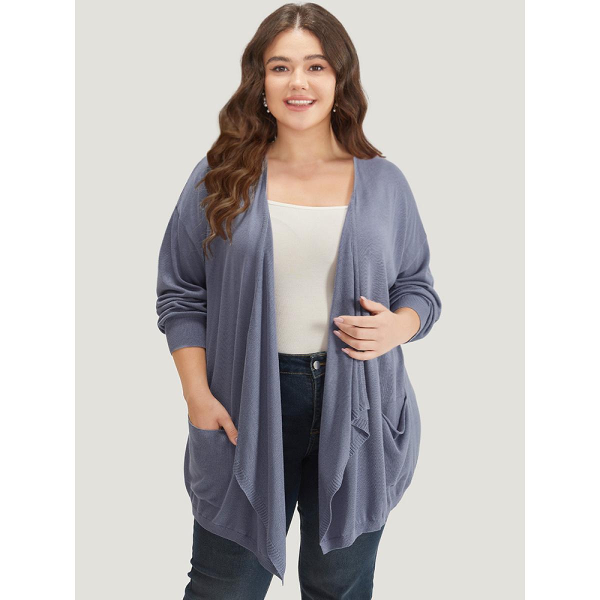 Plus Size Supersoft Essentials Solid Lapel Collar Patched Pocket Cardigan Stone Women Casual Loose Long Sleeve Dailywear Cardigans BloomChic 22-24/3X Product Image
