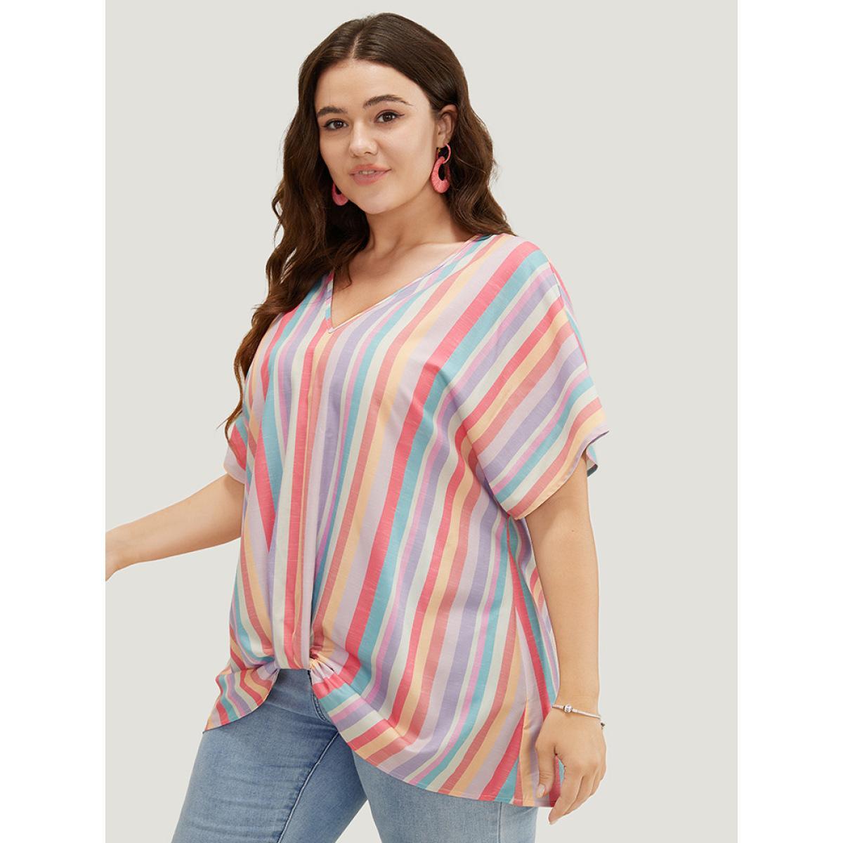 Plus Size Multicolor Rainbow Striped Batwing Sleeve Contrast Asymmetrical Hem Blouse Women Vacation Short sleeve V-neck Dailywear Blouses BloomChic 22-24/3X Product Image
