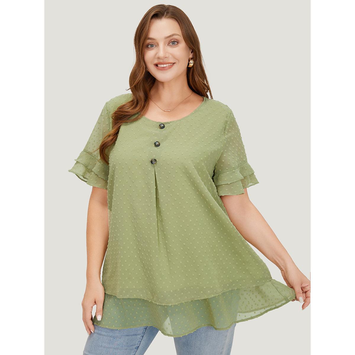 Plus Size Mint Polka Dot Button Detail Mesh Ruffle Layered Blouse Women Elegant Short sleeve Round Neck Dailywear Blouses BloomChic 30/6X Product Image