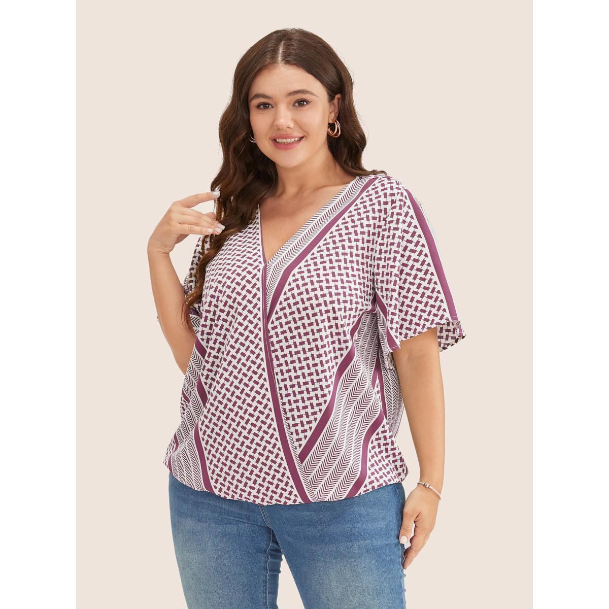 Plus Size RedViolet Geometric Contrast Ruffle Sleeve Wrap Blouse Women Resort Short sleeve Overlap Collar Vacation Blouses BloomChic 28/5X Product Image