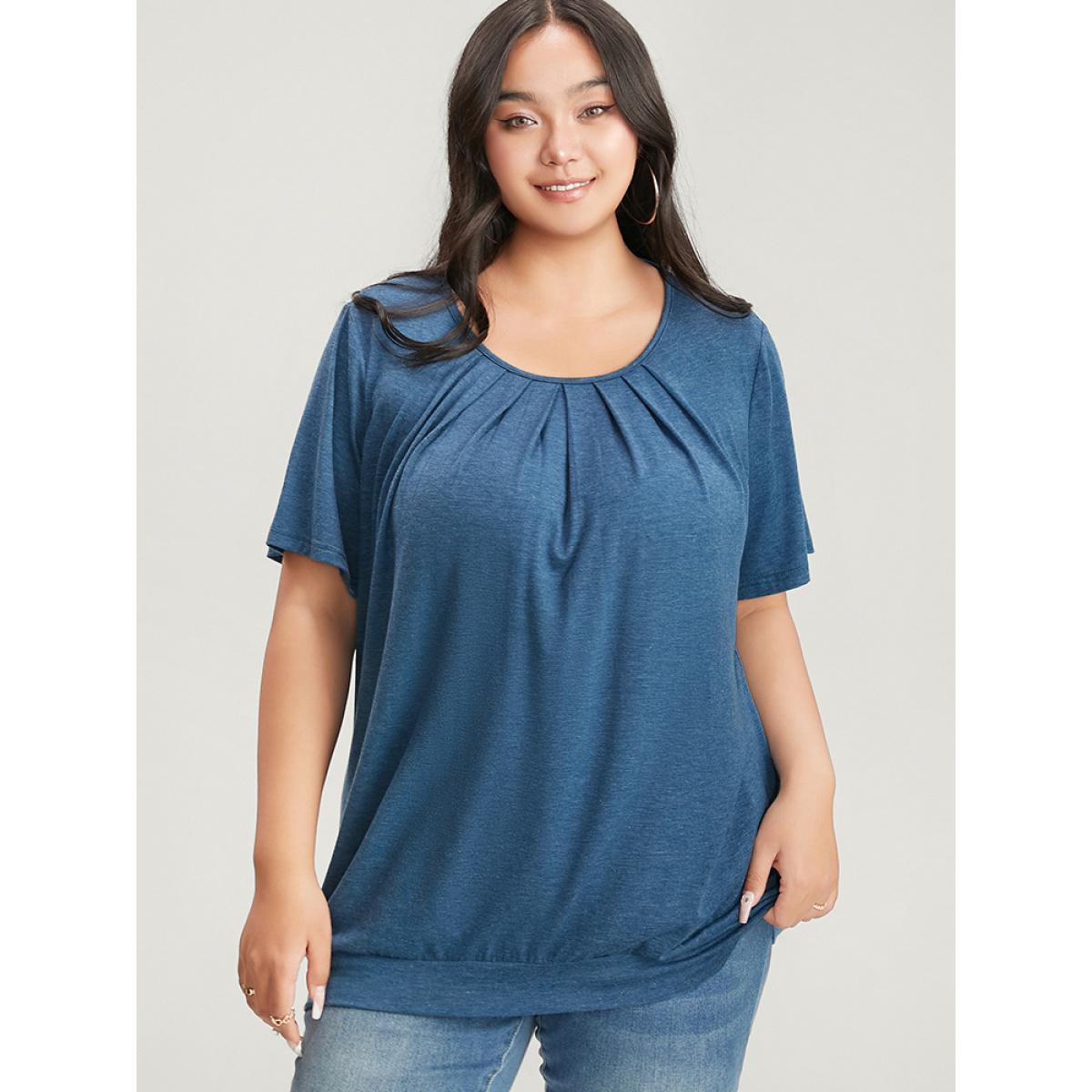 Plus Size Solid Round Neck Pleated Detail T-shirt Blue Women Casual Plain Round Neck Dailywear T-shirts BloomChic 30/6X Product Image