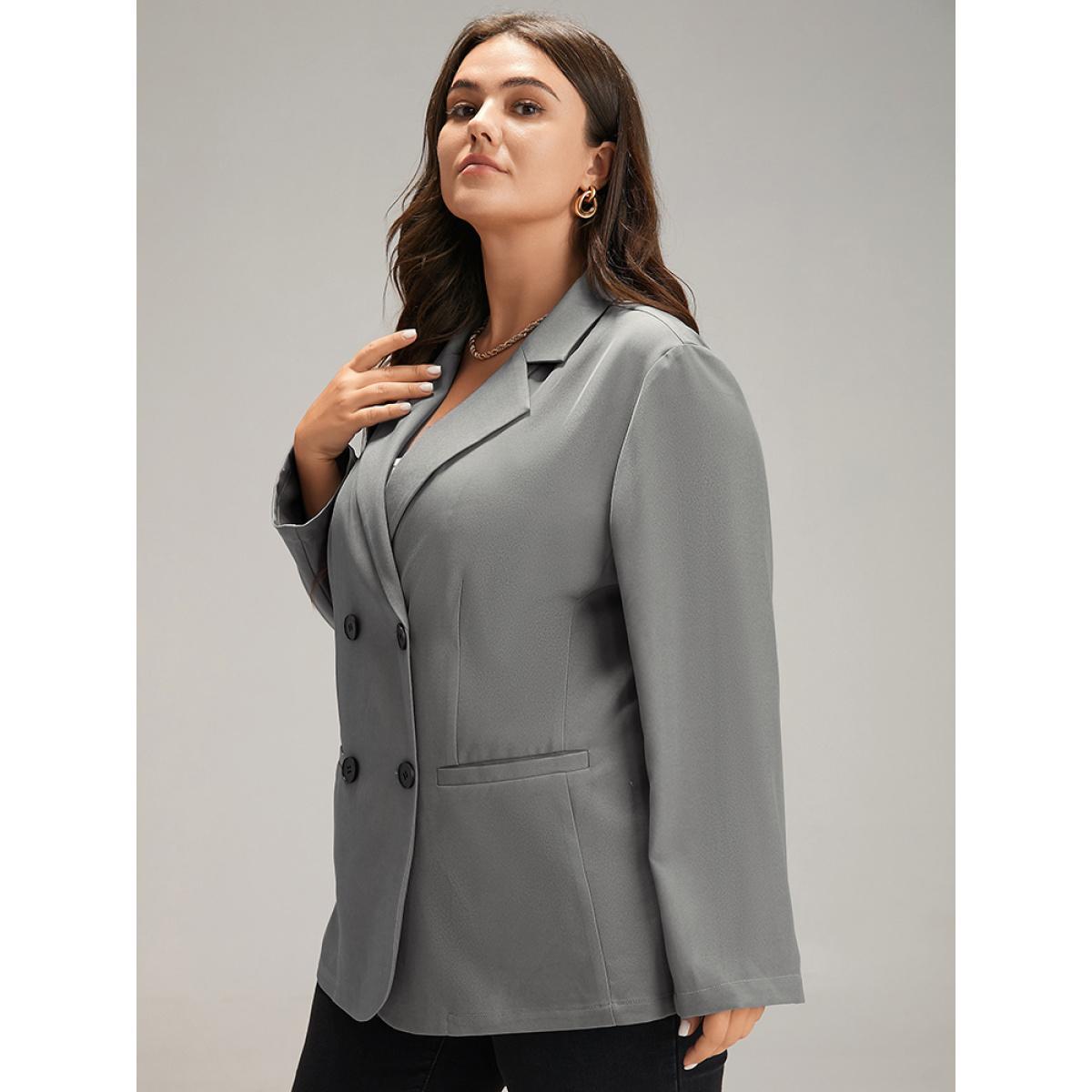 Plus Size Suit Collar Solid Double Breasted Blazer Gray Women Dailywear Plain Plain Sleeve Long Sleeve Suit Collar 30/6X Pocket Casual Blazers BloomChic Product Image