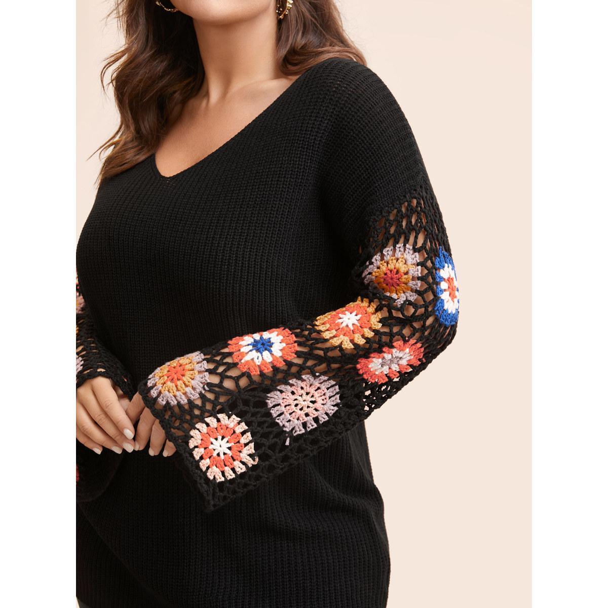 Plus Size Floral Embroidered Hollow Out Pullover Black Women Casual Long Sleeve V-neck Everyday Pullovers BloomChic 10/M Product Image