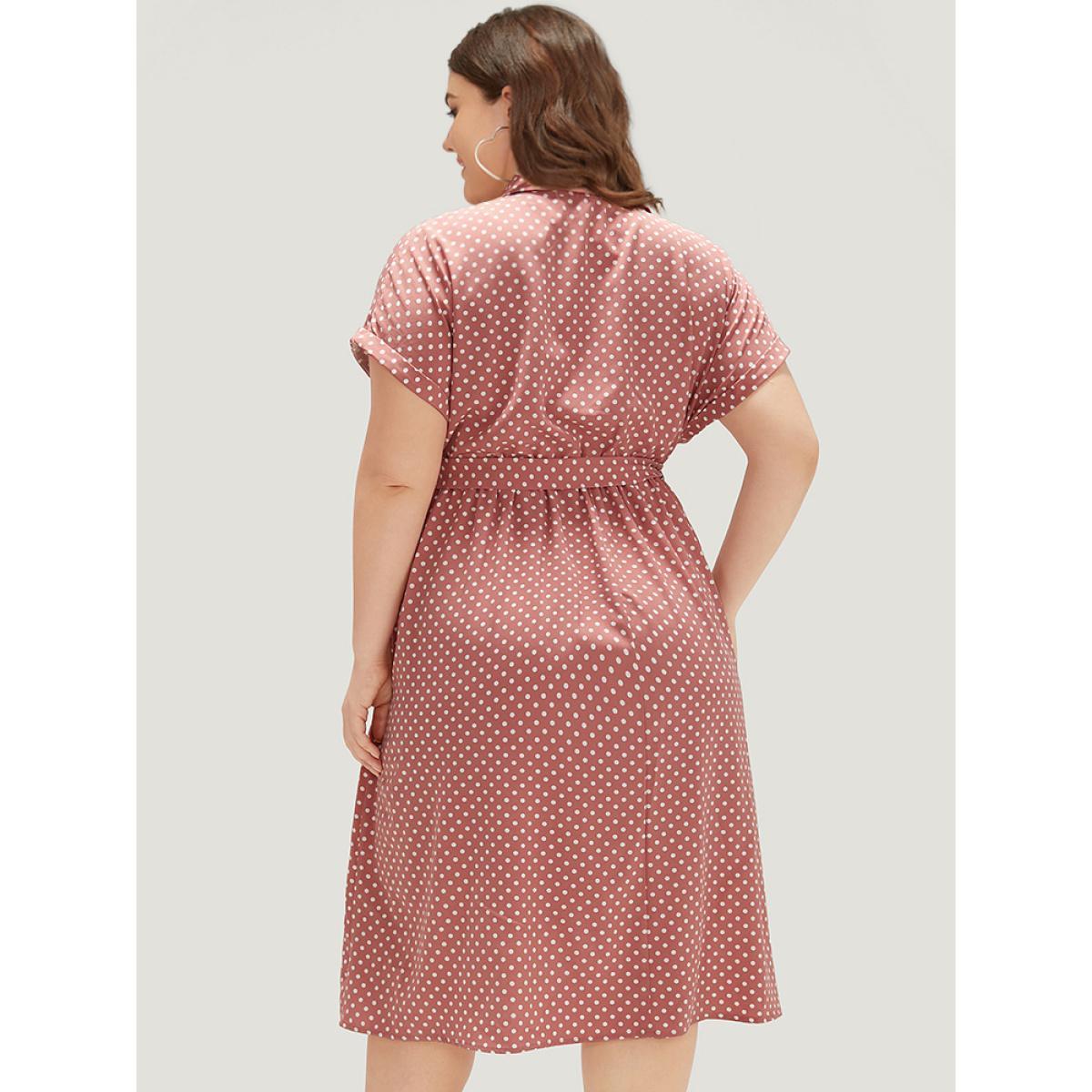 Plus Size Polka Dot Metal Buckle Belt Button Detail Dress DustyPink Women Office Belted V-neck Short sleeve Curvy Midi Dress BloomChic 18-20/2X Product Image