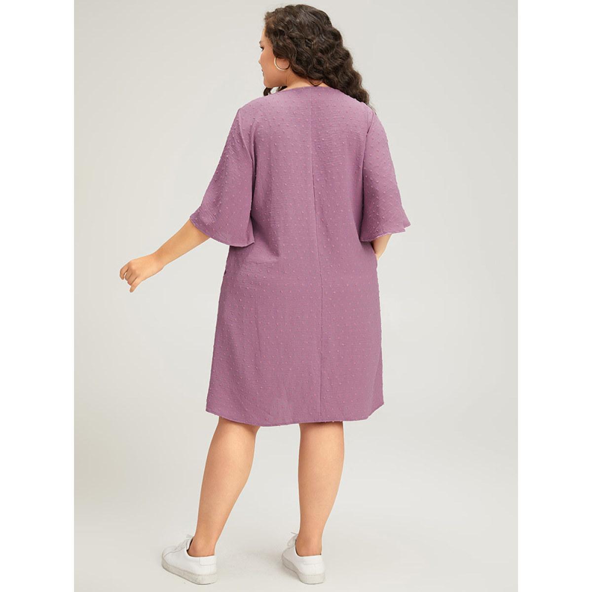 Plus Size Plain Textured Plicated Detail Crisscross Ruffle Sleeve Dress Lilac Women Casual Texture V-neck Half Sleeve Curvy Midi Dress BloomChic 28/5X Product Image