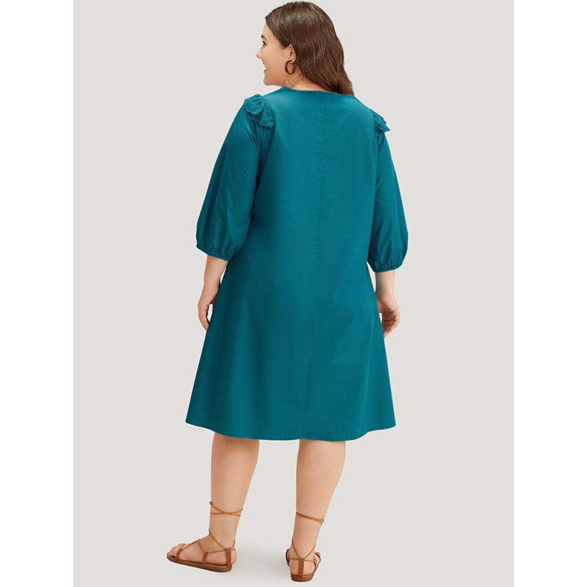 Plus Size Plain Ruffle Trim Lantern Sleeve Dress Cerulean Women Vacation Elastic cuffs Notched collar Elbow-length sleeve Curvy Midi Dress BloomChic 18-20/2X Product Image