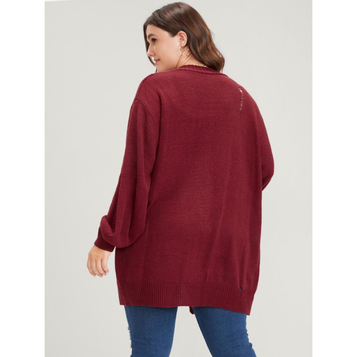 Plus Size Solid Pointelle Knit Distressed Button Front Mid Long Cardigan Scarlet Women Elegant Loose Long Sleeve Dailywear Cardigans BloomChic 28/5X Product Image
