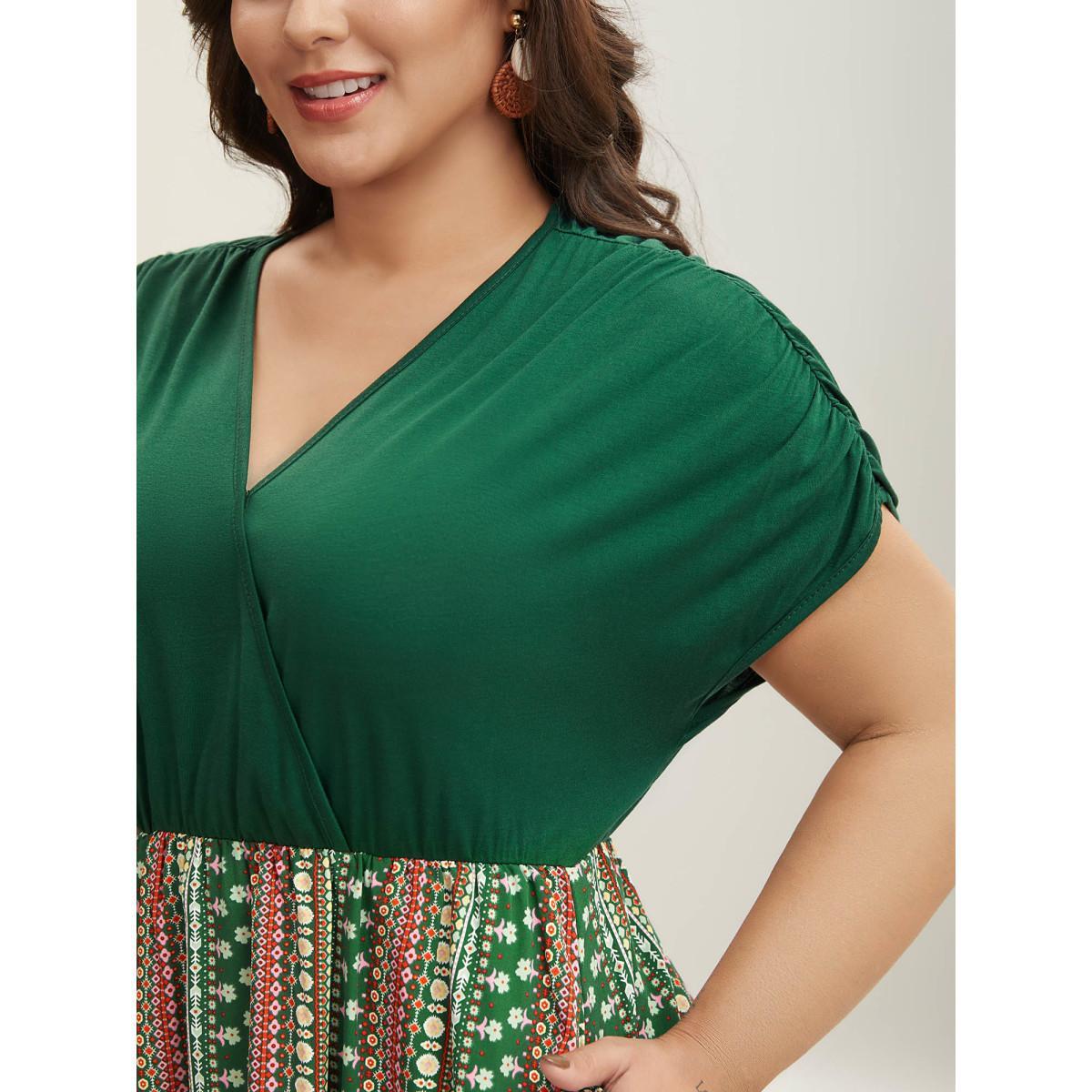 Plus Size Boho Stripes Spliced Ruched Sleeve Midi Dress Truegreen Women Gathered Overlap Collar Short sleeve Curvy BloomChic 14-16/1X Product Image