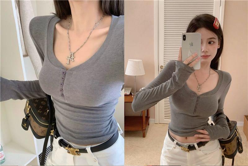 Buttoned V-Neck Crop T-Shirt Product Image