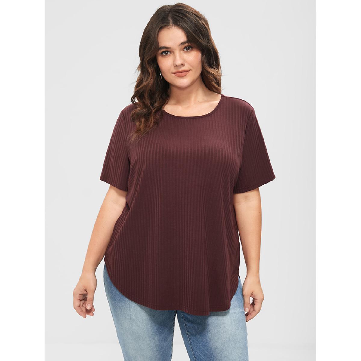 Plus Size Plain Button Back Rib Knit Tee Burgundy Women Elegant Button Plain Round Neck Dailywear T-shirts BloomChic 26/4X Product Image