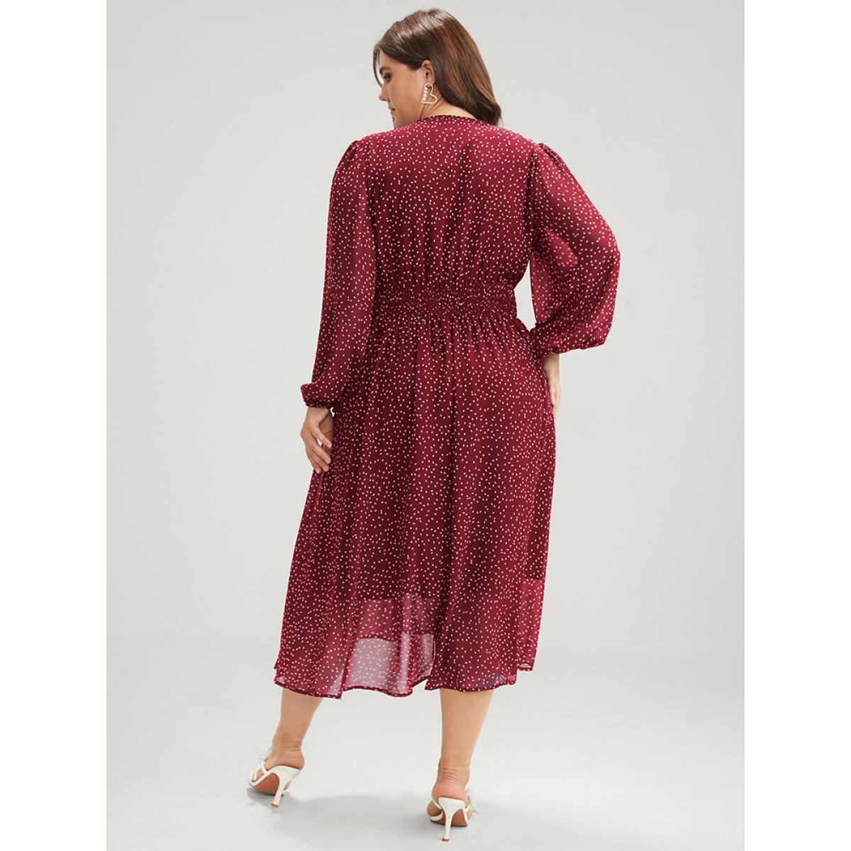 Plus Size Polka Dot Lantern Sleeve Pocket Shirred Flutter Dress Burgundy Women Elegant Pocket V-neck Short sleeve Curvy Midi Dress BloomChic 10/M Product Image