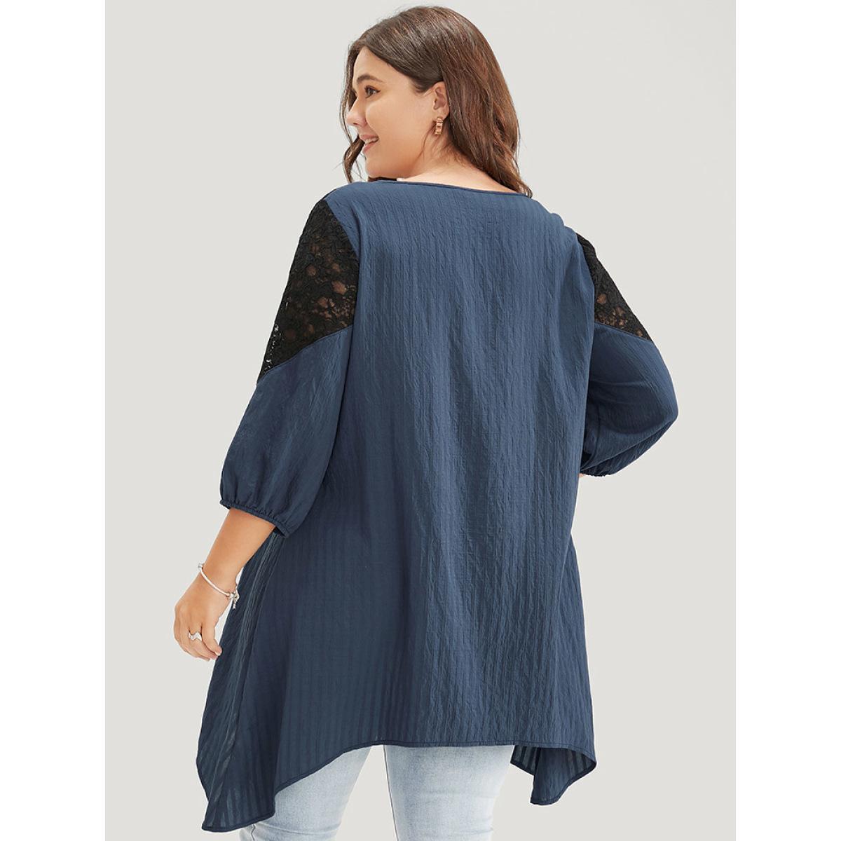 Plus Size Indigo Plain Contrast Lace Asymmetrical Lantern Sleeve Blouse Women Elegant Elbow-length sleeve V-neck Dailywear Blouses BloomChic 10/M Product Image
