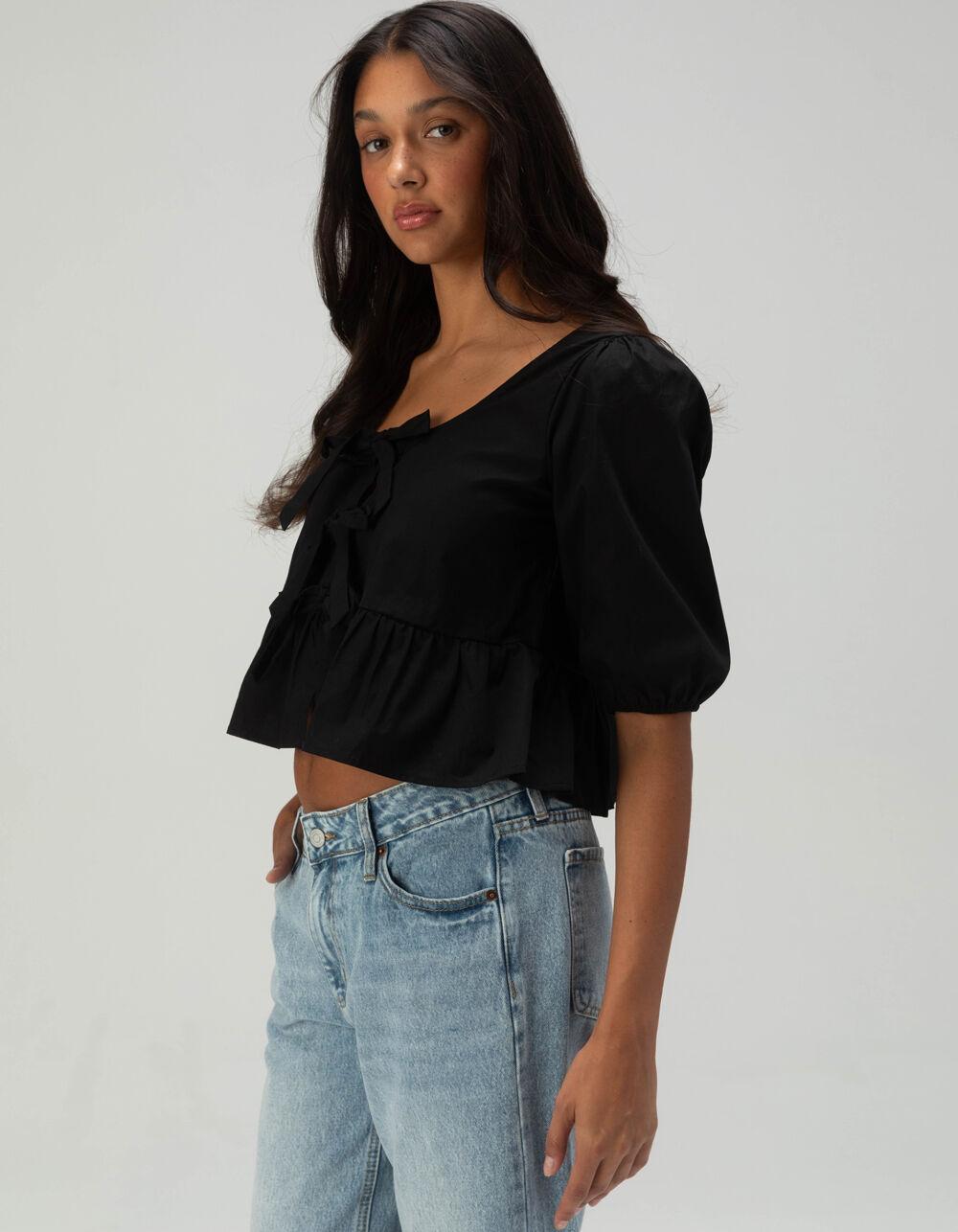 RSQ Womens Triple Tie Scoop Neck Babydoll Top - BLACK Product Image