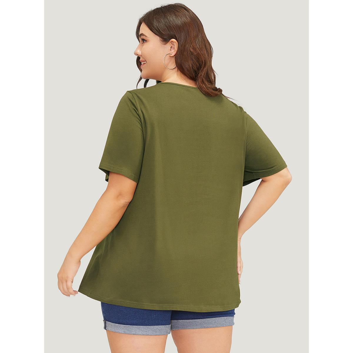 Plus Size Plain Cut Out Short Sleeve T-shirt ArmyGreen Women Casual Cut-Out Plain Round Neck Dailywear T-shirts BloomChic 22-24/3X Product Image