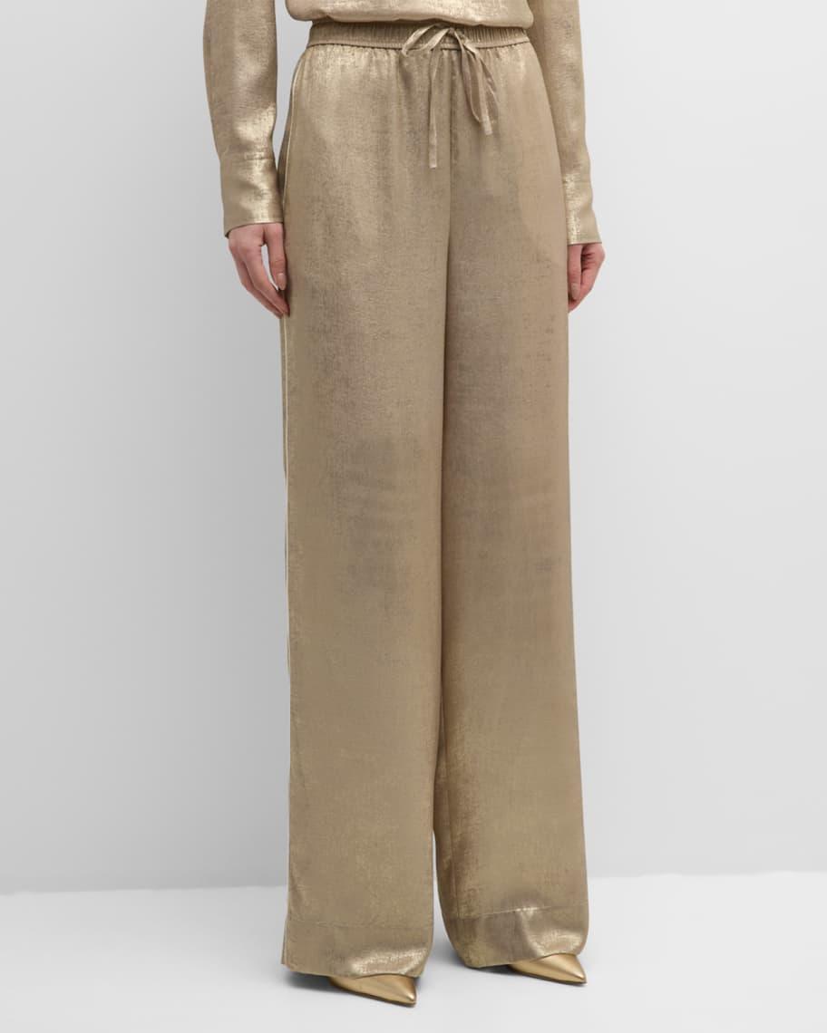 Mid-Rise Fluid Metallic Wide-Leg Drawstring Pants Product Image