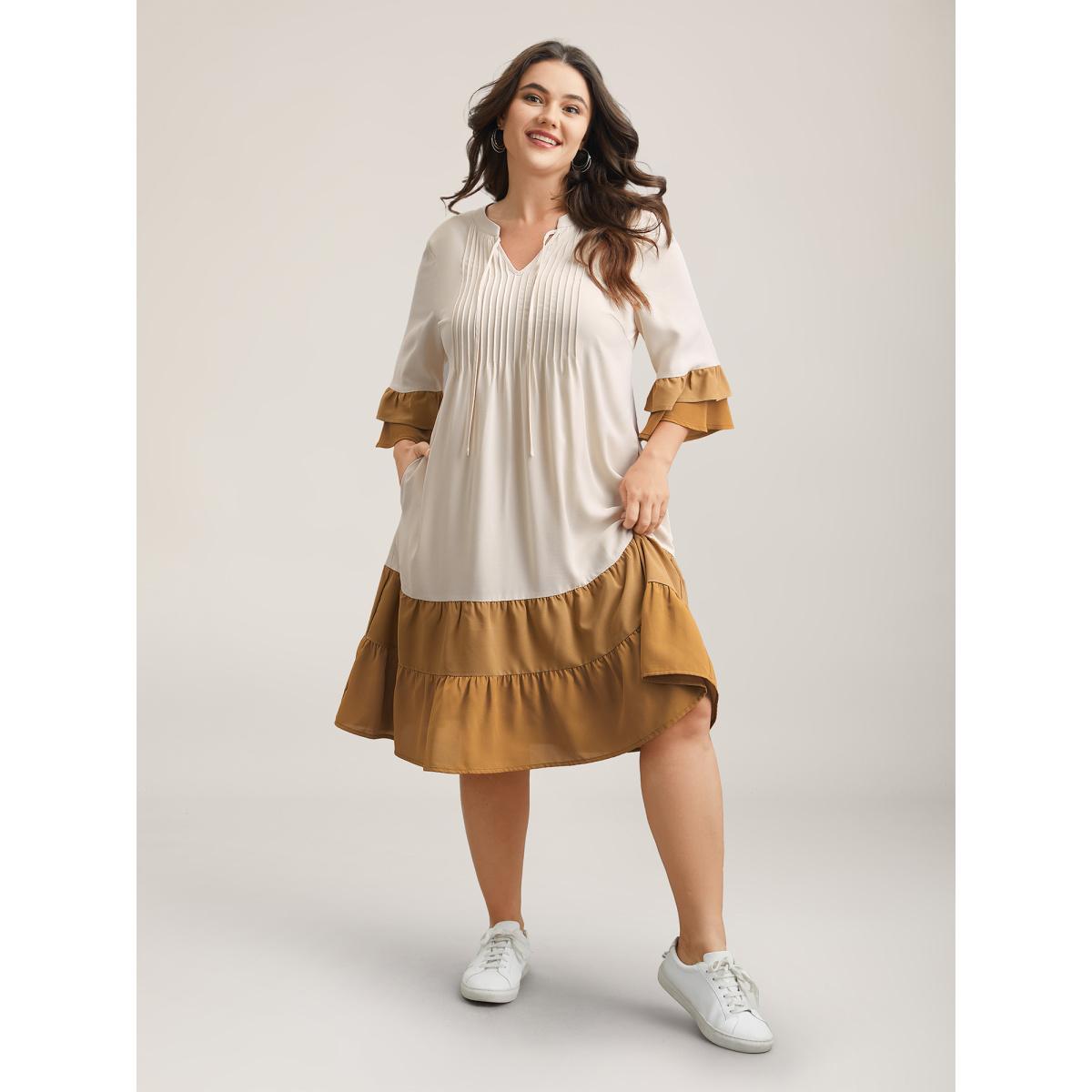 Plus Size Color Block Neck-Tie Tiered Midi Dress Multicolor Women Casual Tucked seam Notched collar Elbow-length sleeve Curvy BloomChic 18-20/2X Product Image
