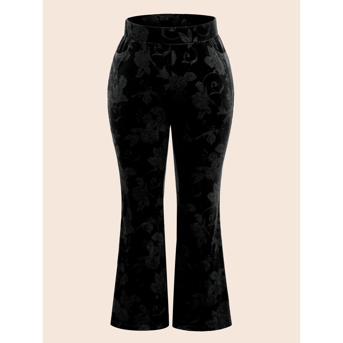 Plus Size Velvet Floral Mid Rise Bootcut Leggings Women Black Elegant Medium stretch Bootcut Mid Rise Everyday Leggings BloomChic 26/4X Product Image