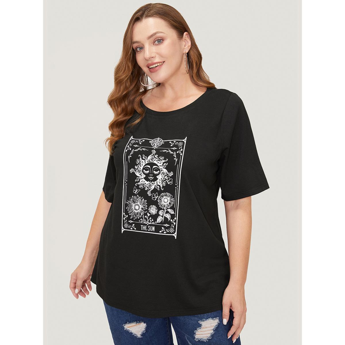 Plus Size Sunflower & Sun Print Roll Sleeve T-shirt Black Women Casual Natural Flowers Everyday T-shirts BloomChic 14-16/1X Product Image