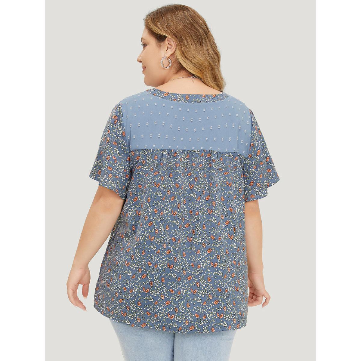 Plus Size Stone Ditsy Floral & Polka Dot Lace Notched Neck Blouse Women Elegant Short sleeve Notched collar Dailywear Blouses BloomChic 14-16/1X Product Image