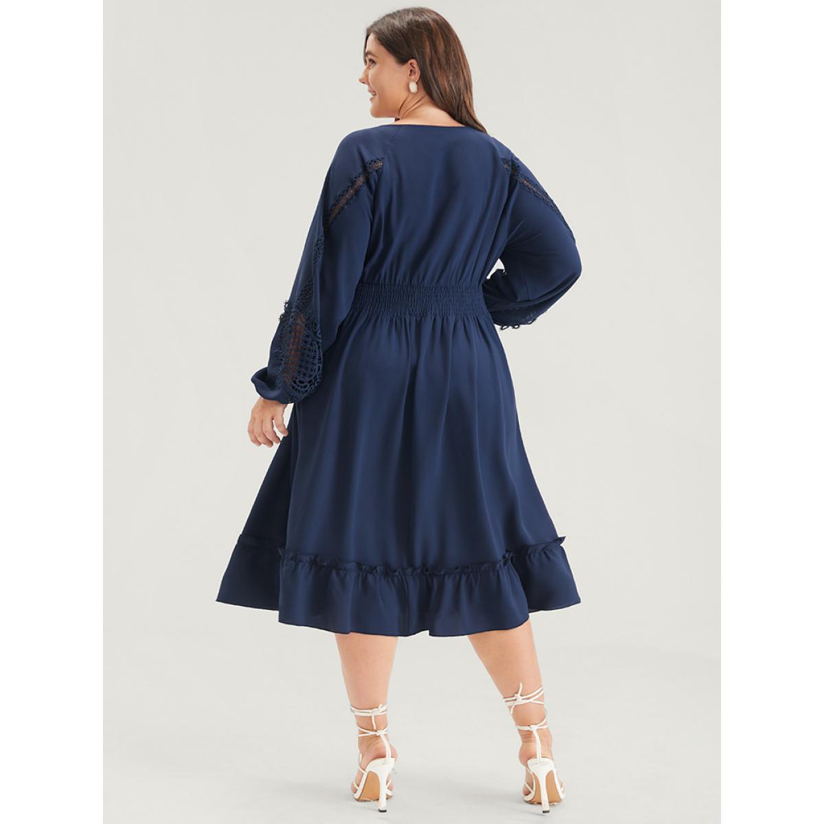 Plus Size Solid Pocket Crochet Lace Lantern Sleeve Ruffle Shirred Midi Dress DarkBlue Women Dating Plain V-neck Long Sleeve Curvy Midi Dress BloomChic 10/M Product Image