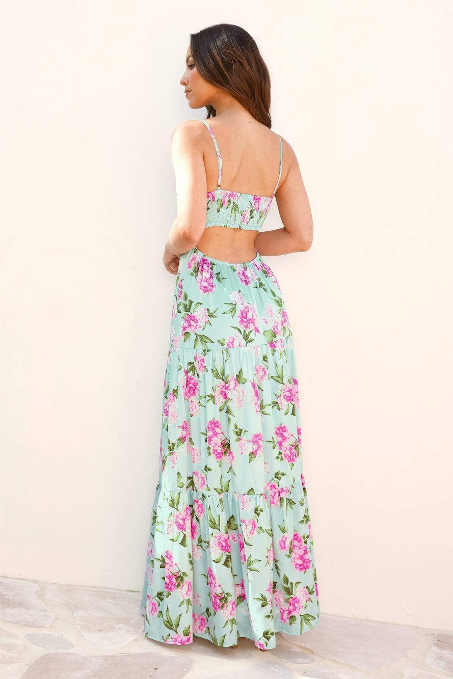 Wildflower Whimsy Satin Maxi Dress Green Product Image