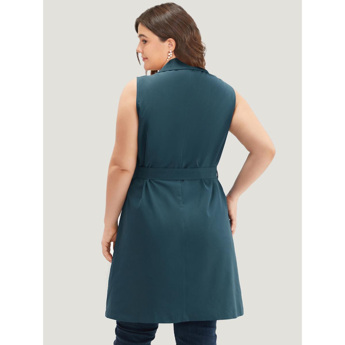 Plus Size Plain Belted Lapel Collar Sleeveless Blazer Aegean Women Work Plain Plain Sleeveless Sleeveless Lapel Collar 14-16/1X Pocket Belt Office Blazers BloomChic Product Image
