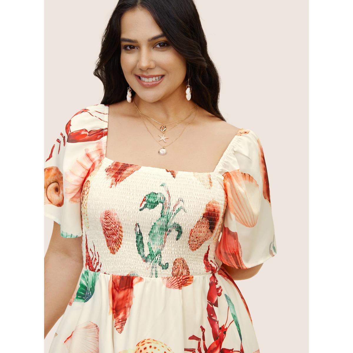 Plus Size Marine Elements Print Shirred Ruffle Sleeve Dress Lightorange Women Resort Shirred Square Neck Short sleeve Curvy BloomChic 10/M Product Image
