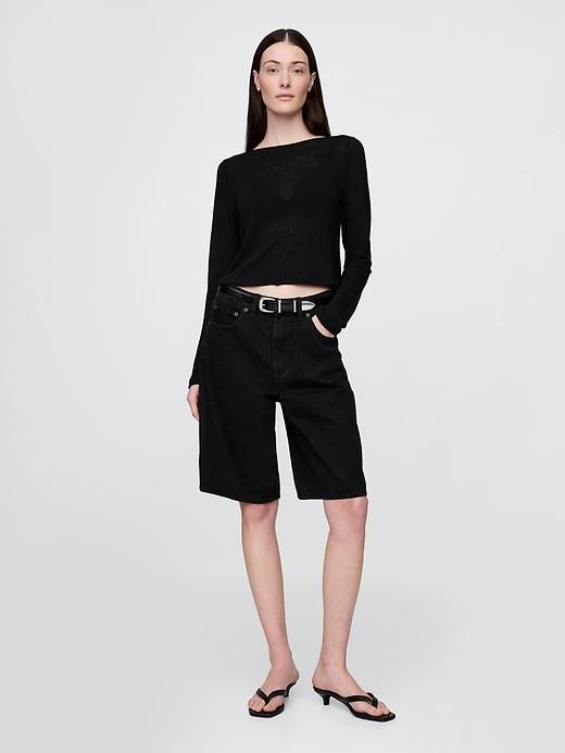 Linen-Blend Cropped Boatneck T-Shirt Product Image