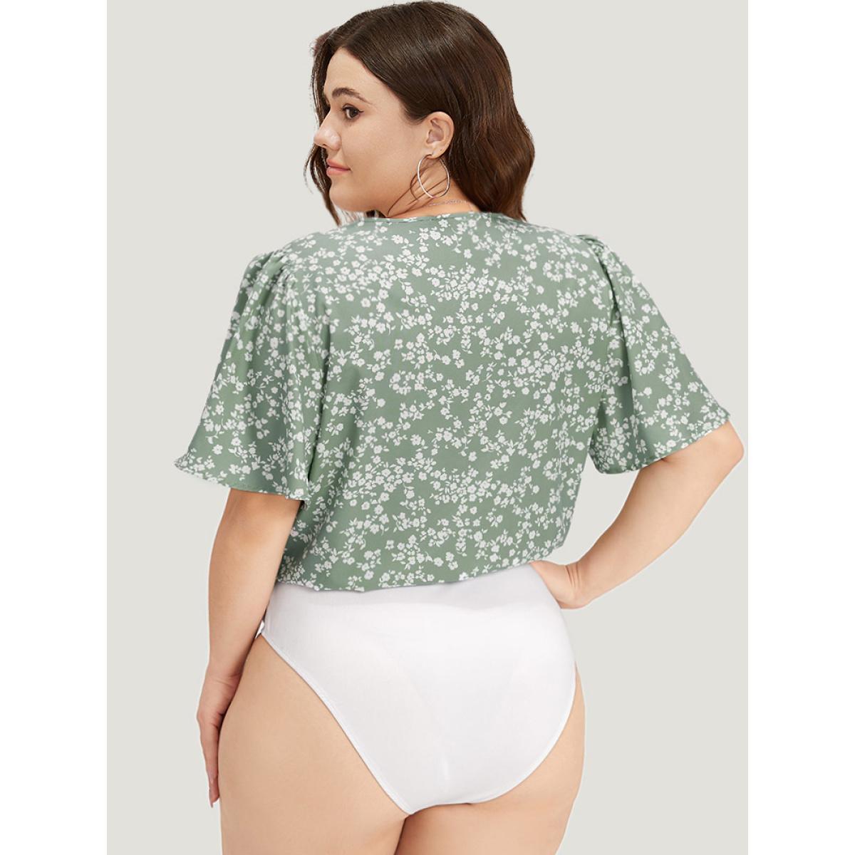 Plus Size Ditsy Floral Overlap Collar Flutter Sleeve Bodysuit Women Green Ditsy Floral Printed Bodysuits BloomChic 14-16/1X Product Image