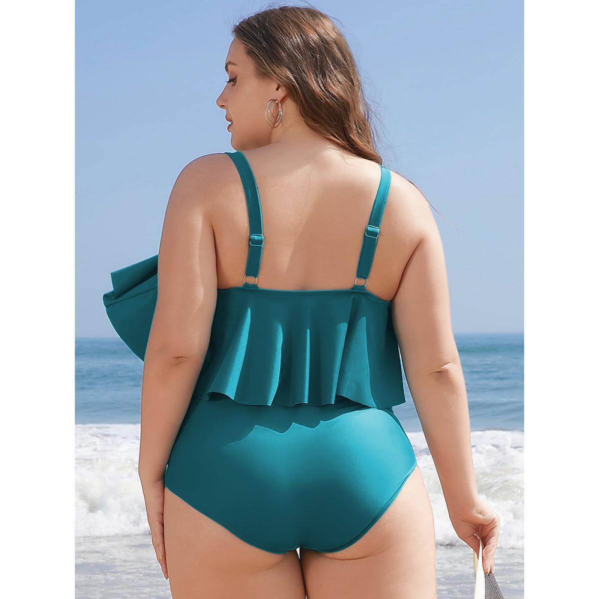 Plus Size Ruffle Trim Sculpt Waist Ruched Front One Piece Swimsuit Women's Swimwear Blue Vacation Adjustable Straps Curve Bathing Suits High stretch One Pieces BloomChic 22-24/3X Product Image