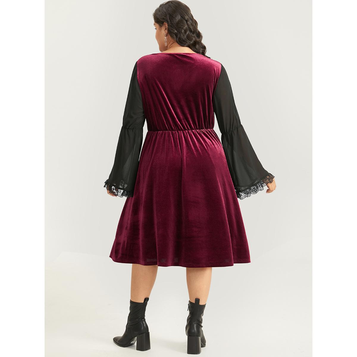 Plus Size Halloween Two Tone Velvet Ruched Lace Panel Bell Sleeve Dress Burgundy Women Elegant Gathered Square Neck Long Sleeve Curvy Midi Dress BloomChic 10/M Product Image