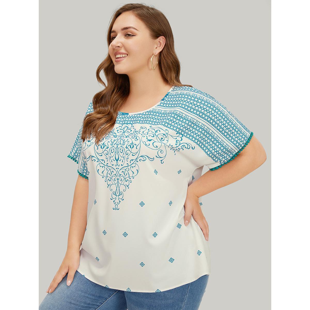 Plus Size White Moroccan Print Batwing Sleeve Pompom Trim Blouse Women Elegant Short sleeve Round Neck Dailywear Blouses BloomChic 18-20/2X Product Image