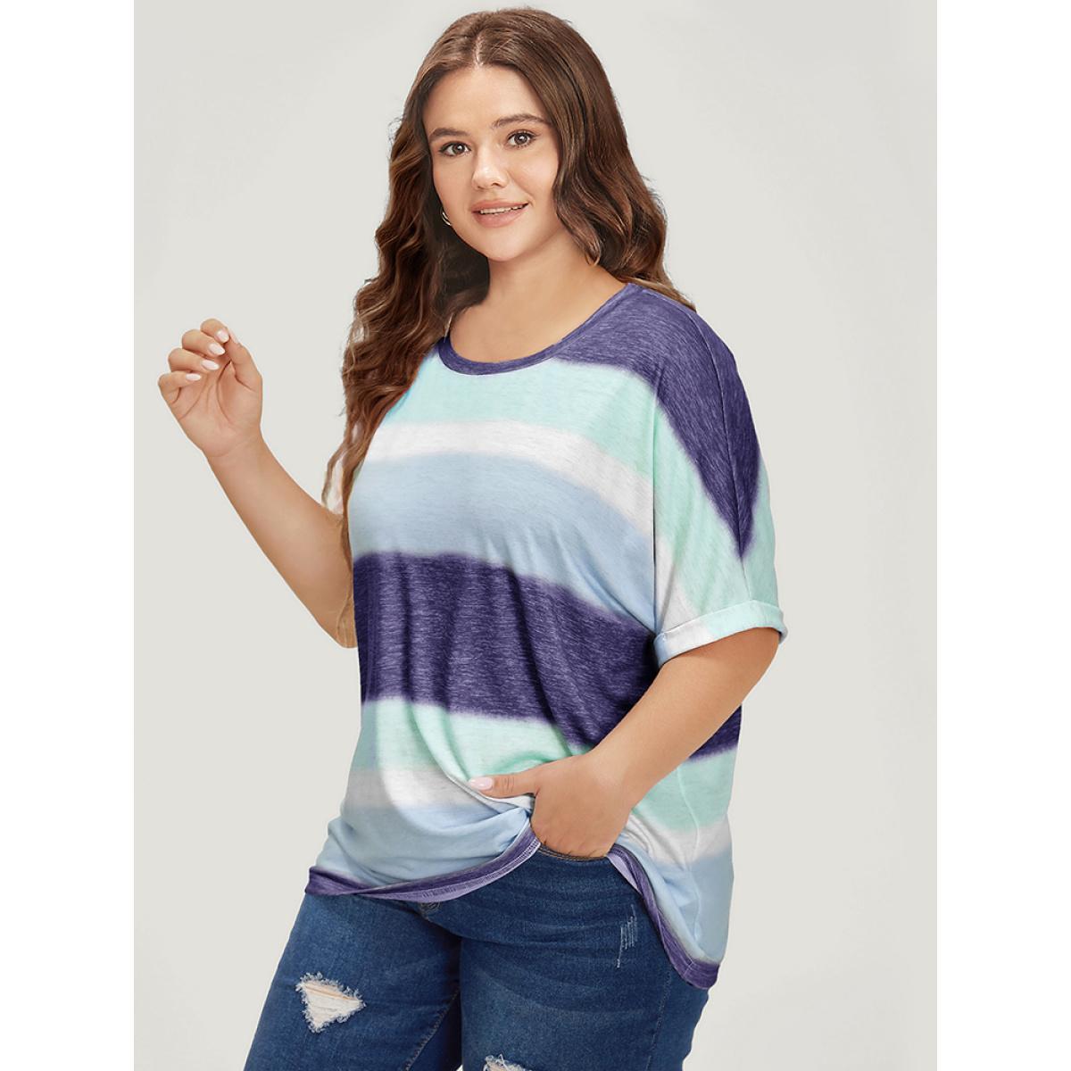 Plus Size Striped Contrast Roll Dolman Sleeve T-shirt DarkBlue Women Casual Contrast Striped Round Neck Everyday T-shirts BloomChic 18-20/2X Product Image