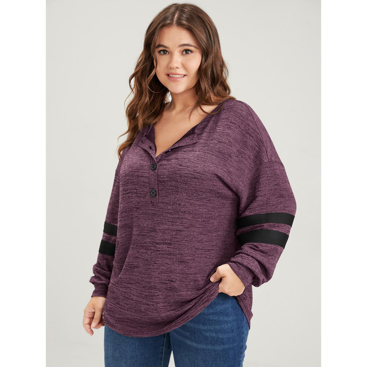 Plus Size Plain Contrast Button Up Round Neck Sweatshirt Women Burgundy Casual Contrast Round Neck Dailywear Sweatshirts BloomChic 10/M Product Image