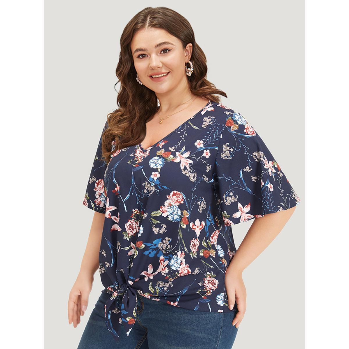 Plus Size Indigo Floral Print V Neck Ruffle Sleeve Twist Hem Blouse Women Elegant Half Sleeve V-neck Dailywear Blouses BloomChic 10/M Product Image