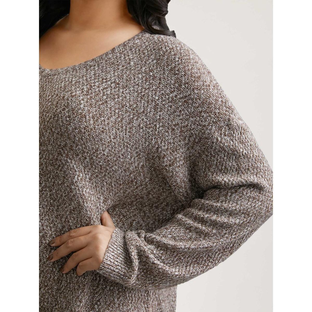 Plus Size Textured V-Neck Curved Hem Pullover DarkBrown Women Casual Loose Long Sleeve V-neck Everyday Pullovers BloomChic 28/5X Product Image