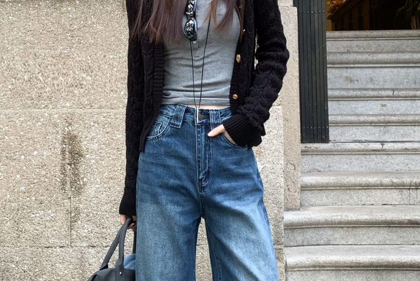 High Waist Washed Wide Leg Jeans Product Image