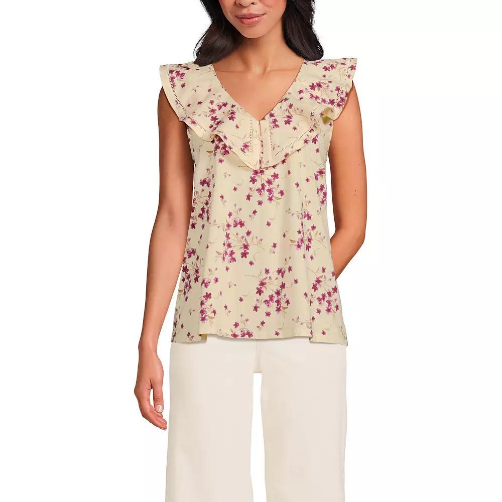 Women's Lands' End V-Neck Cascade Ruffle Top, Size: Large, Ivory Granite Floral Product Image
